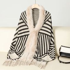 Fur Striped Poncho Cardigan Office Lady Batwing Sleeve Cape Knitted Shawl Sweaters Cozy Shawl Collar Winter Sweater, Fall Shawl Collar Knit Sweater, Knitted Shawl Collar Outerwear, Winter Knitted Acrylic Poncho, Knit Outerwear With Shawl Collar, Oversized Knitted Winter Shawl, Knit Shawl Collar Outerwear For Winter, Winter Knitted Shawl Collar Cardigan, Knitted One-size Shawl For Winter