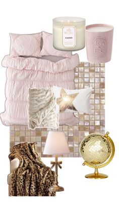 a bedroom with pink and gold decor on the walls, bedding, lamp, rugs and pillows