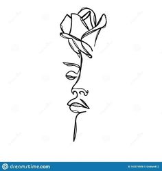 a line drawing of a woman's face with a rose in her hair and a hat