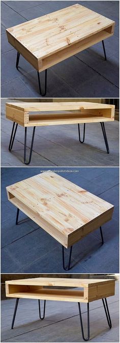 three different views of a coffee table made out of wood and black hairpin legs