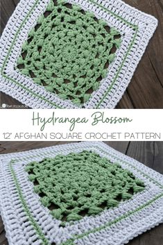 two square crocheted squares with the words hydragea blossom on them in green and