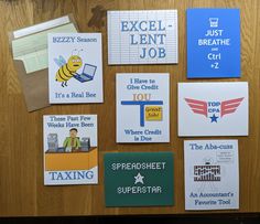 various business cards and magnets on a wooden table with the words, i have to give credit