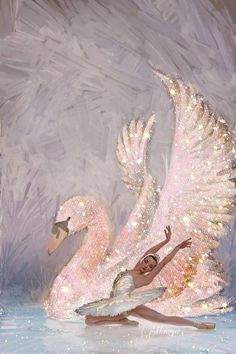 a painting of two swans floating in the water with sparkles on their wings and feet