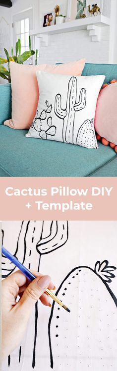 a couch with cactus pillows on it and a hand holding a pencil