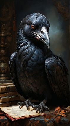 a painting of a black bird sitting on top of an open book next to some books