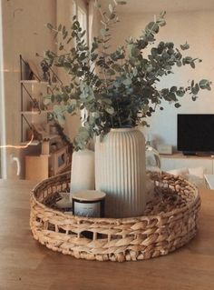 there is a basket with some plants in it on the table next to a television