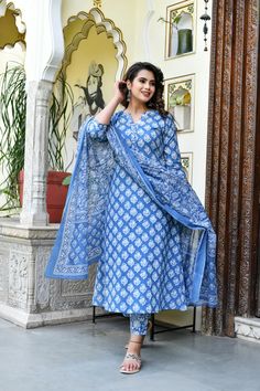 Blue Viscose Block Print A Line Suit Set with Chanderi Cotton Dupatta Kameez Style, Cotton Suit Designs, डिजाइनर कपड़े, Simple Kurta, Simple Frocks, Simple Kurti Designs, Ram Photos, Cotton Kurti Designs, A Line Kurta