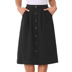 This skirt offers a comfortable fit and good stretch. The elastic waistband ensures a secure and adjustable fit, and the A-line silhouette flatters all body types. Feel confident and comfortable all day long. Effortless Style: Pleats add texture and movement to chic mid-length skirts; perfect for casual outings and semi-formal events. Functional Pockets: This skirt has practical side pockets for keys, lipstick, etc. so you don't need a purse. Versatile, easy to match or down: Style this skirt in Maxi Skirt With Pockets, Button Midi Skirt, Midi Skirt With Pockets, Button Decor, Skirt Casual, Midi Flare Skirt, Skirts Midi High Waisted, High Waist Fashion, Mid Length Skirts