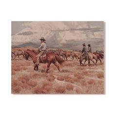 a painting of cowboys riding horses in the desert with cattle behind them on a cloudy day