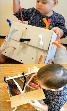 two pictures of a child playing with construction paper and scissors in an open cardboard box