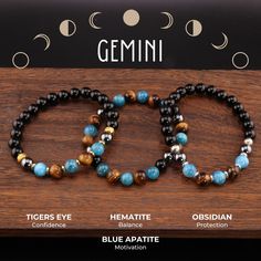 This hand crafted bracelet comes in a variety of three styles. Gold, Silver, and Metal Free. Though the Gemini sign has many crystals associated with it, the stones featured on this bracelet are as follows Obsidian Hematite Blue Apatite Tiger's Eye ~With every stone comes it's own perfect imperfection. The pictures you see may not reflect exactly the product you receive~ Crystal Bracelets For Men, Gemini Bracelet, Perfect Imperfection, Bracelets With Meaning, Gemini Sign, Zodiac Bracelet, Tiger Eye Bracelet, Stone Feature, Handcrafted Bracelets