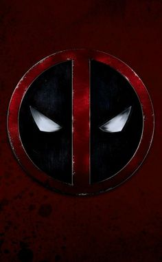 the deadpool logo is shown in red and black, with white eyes on it