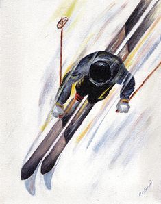 a drawing of a skier going down a hill with ski poles in the air and snow behind him