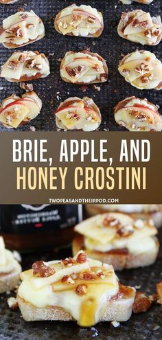 brie apple and honey crostini on a grill with the title above it