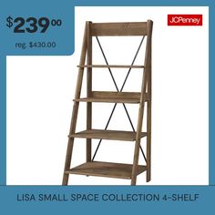 a wooden shelf with the price $ 29 99 reg $ 350 00 for this small space collection 4 - shelf