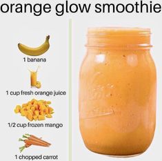 an orange smoothie in a mason jar with instructions to make it and how to use it