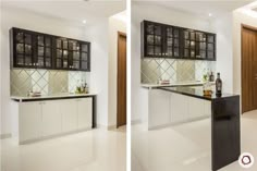 two pictures of a kitchen with white and black cabinets, one has a wine bottle on the counter