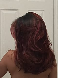 Medium Length Layered Red Hair, Faded Red Hair Dye, Red Medium Length Hair With Layers, Dark Red Hair Blowout, Mid Length Dark Red Hair, Cherry Red Hair With Layers, Medium Length Cherry Red Hair, Medium Brown Hair With Red Tint, Layered Red Hair Medium