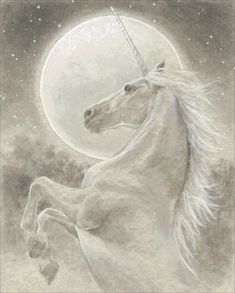 a drawing of a unicorn with a full moon in the background