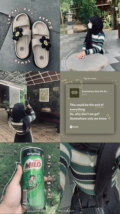 a collage of photos with shoes and a person holding a can of mio