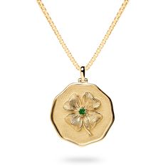 Lab Grown Emerald “Four Leaf Clover” Medallion Necklace (Gold) Ivy Jewelry, Verdant Green, Clover Design, Clover Pendant, Number Necklace, Lucky Ladies, Medallion Necklace, Four Leaf, Good Fortune