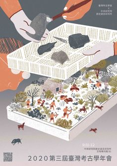 an illustration of someone cutting up food in a box with animals and trees around it