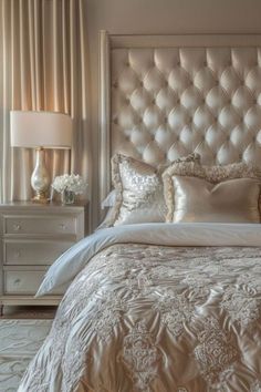 a bedroom with a bed, nightstands and lamps