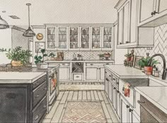 a drawing of a kitchen with white cabinets and wood floors