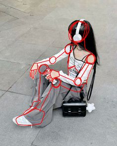 a woman sitting on the ground with headphones in her ears