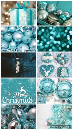 christmas collage with blue and silver ornaments