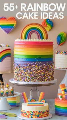 a rainbow cake with lots of sprinkles on it and the words, 55 + rainbow cake ideas