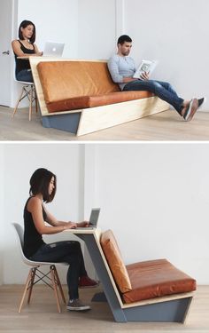 two photos of people sitting on couches using laptops and reading books in the same room