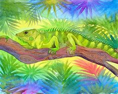 a chamelon lizard sitting on a tree branch in the jungle metal print by person