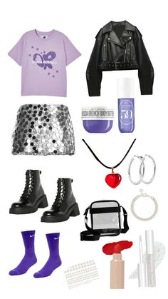 an assortment of clothing and accessories including boots, bracelets, lipstick, nail polish