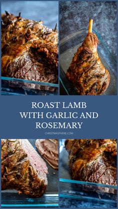 roast lamb with garlic and rosemary in a glass dish on a blue background, collage