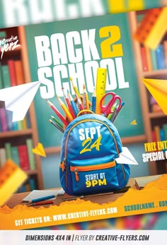 the back to school flyer is shown with an origami paper airplane and pencils