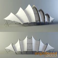 two views of an architectural structure with white fabric coverings on top and bottom, against a gray background