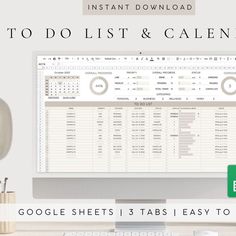 a desktop computer sitting on top of a desk next to a keyboard and mouse, with the words google sheets 3 tabs easy to use