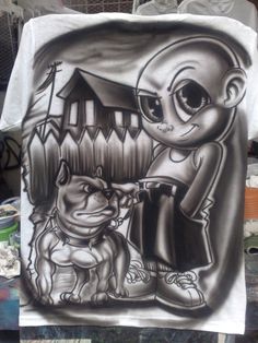 a black and white drawing of a cartoon character with a dog on his lap, in front of a house