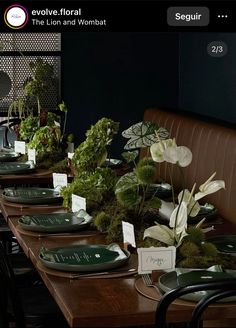 a long table with plates and plants on it