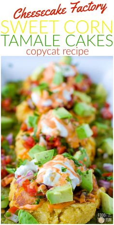 cornbreads topped with avocado, sour cream and salsa are lined up on a white plate