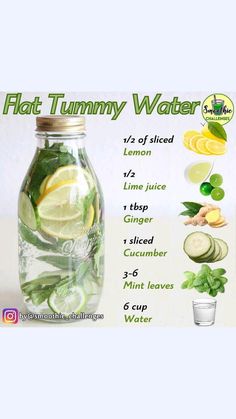 a glass jar filled with lemon slices, cucumber and mint leaves next to a cup of water