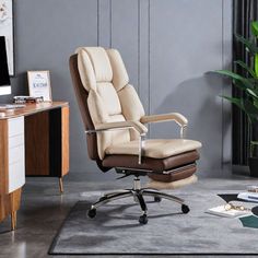 an office chair sitting on top of a rug next to a desk