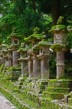 moss covered stone structures in the middle of a park with trees and bushes behind them