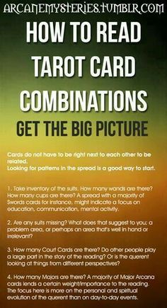 an advertisement for the book how to read tarot card combinations get the big picture