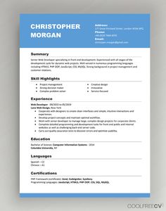 a professional resume template with blue accents on the top and bottom corner, is shown