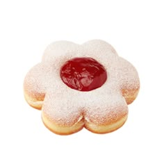 two donuts covered in powdered sugar with a cherry jelly on the top and bottom