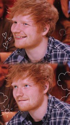 two pictures of a young man with red hair and blue eyes smiling at the camera