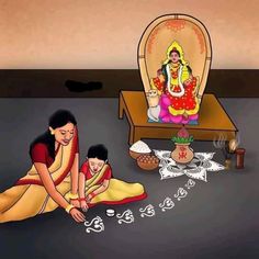 a woman and child sitting on the floor in front of a diya with candles