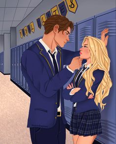 a man and woman standing next to each other in front of lockers